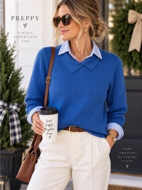 Alia Cobalt Blue Cable Knit Collared Sweater | Preppy | Size M